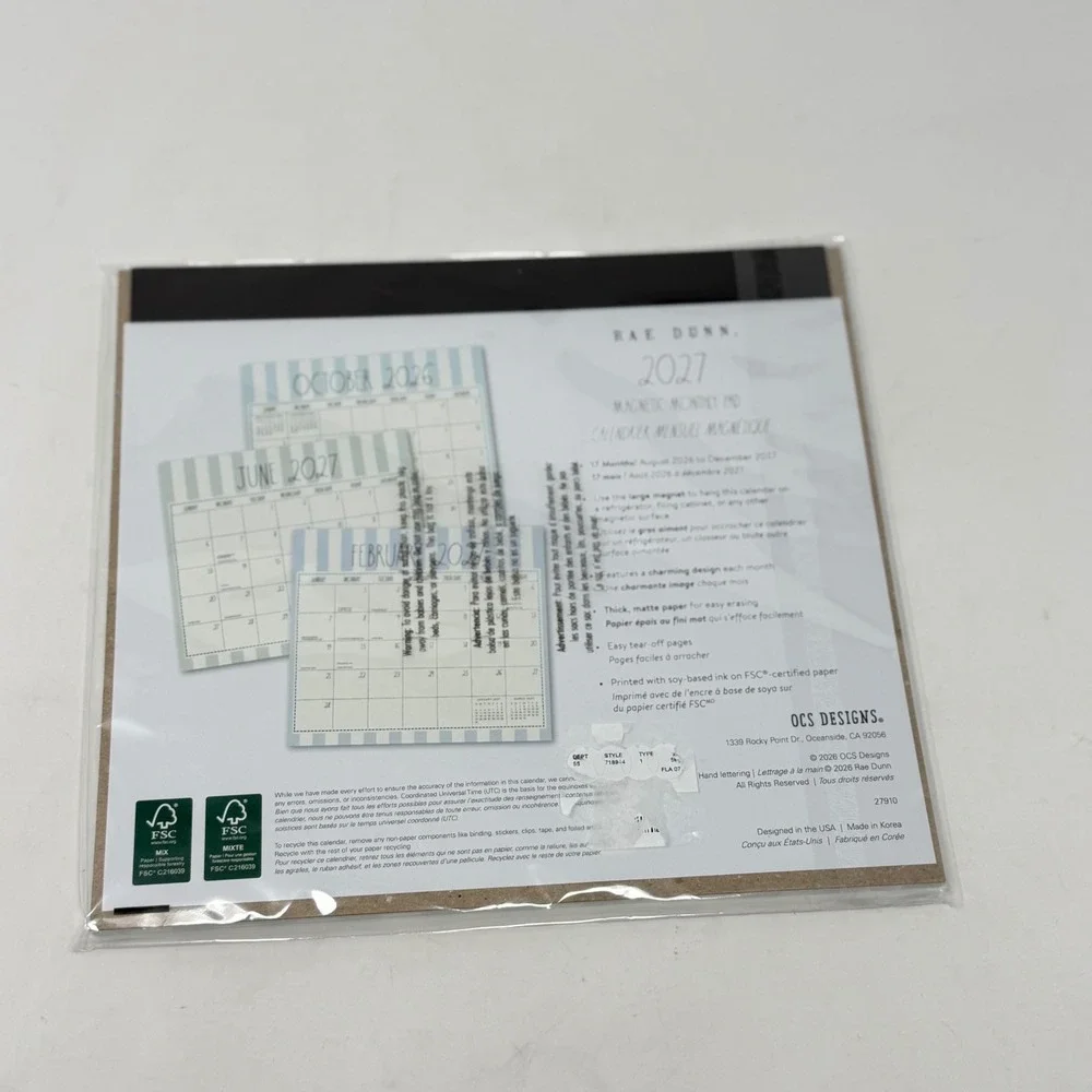 Rae Dunn 17-Month Magnetic Monthly Pad Calendar 2026-2027 Blue Striped Farmhouse